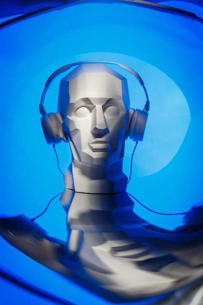 Silhouette of a cyber digital head in a headphones as a dj . Cyber digital Audiophilia sound and music concept