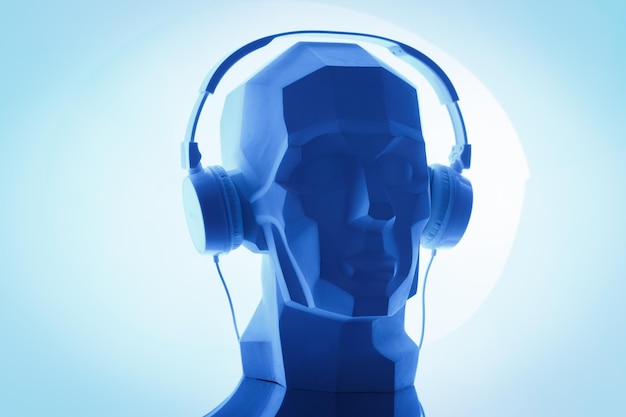 Silhouette of a cyber digital head in a headphones as a dj . Cyber digital Audiophilia sound and music concept