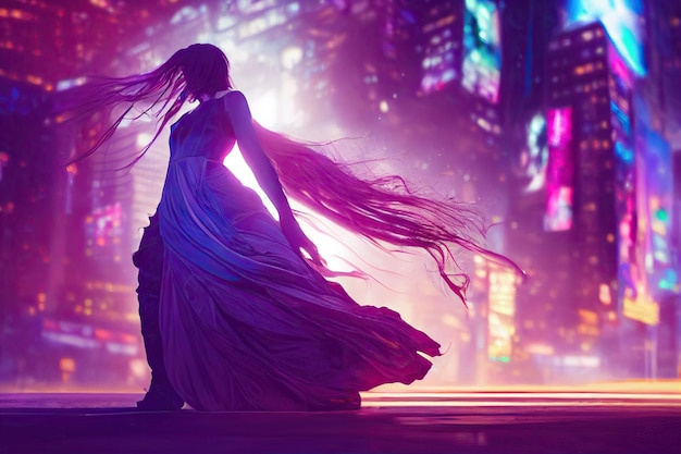 Силуэт девушки-киберпанка в платье перед ночным городом Неоновый и ультрафиолетовый фон