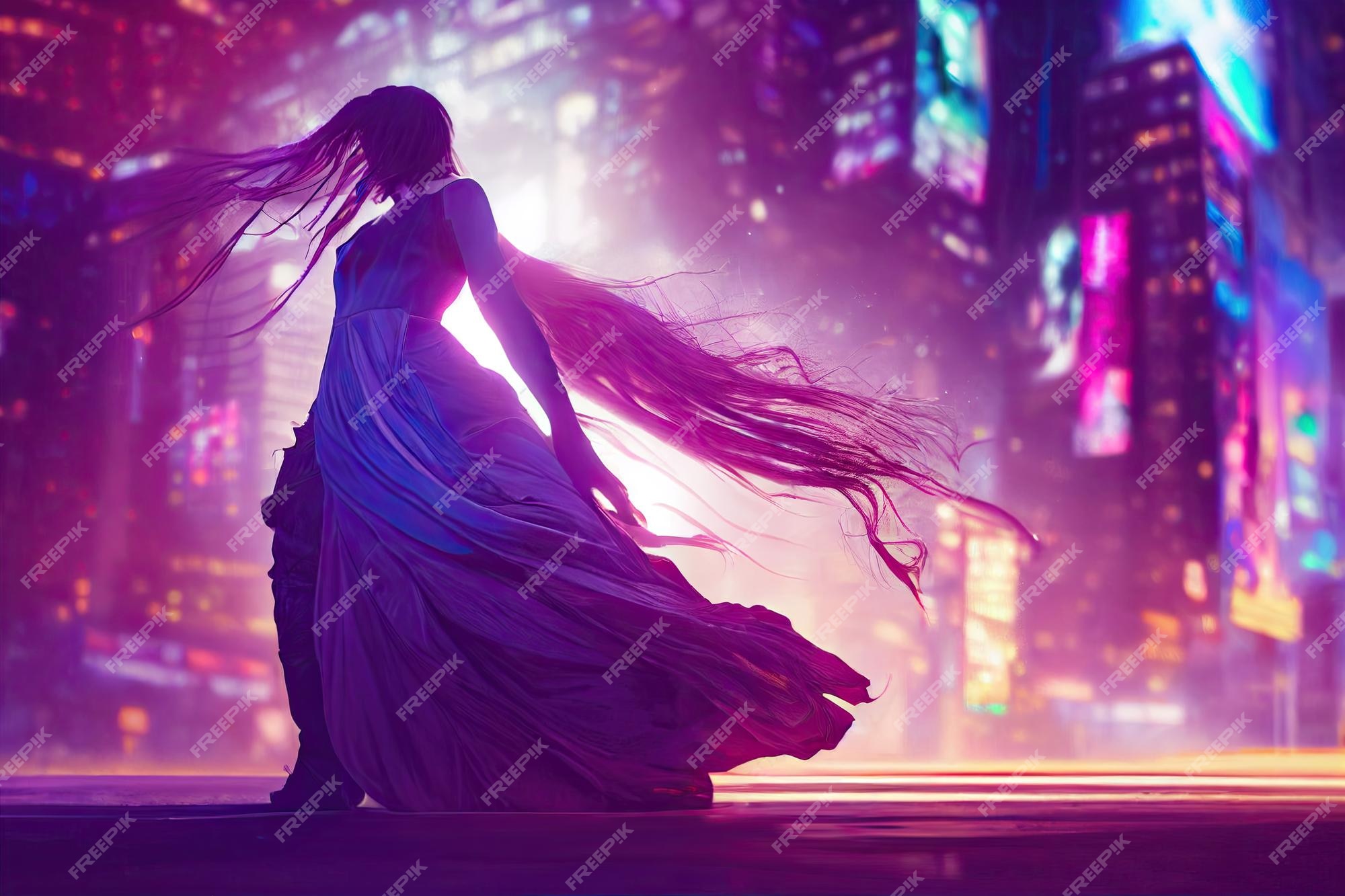 anime cyberpunk girl wearing futuristic outfit in a neon city at