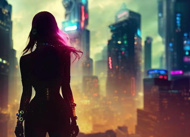 The silhouette of a cyberpunk robot girl looks out over the\
city at night neon and ultraviolet lights of skyscrapers\
background