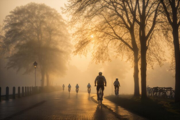 silhouette of a cyclist in the foggy landscape ai generative
