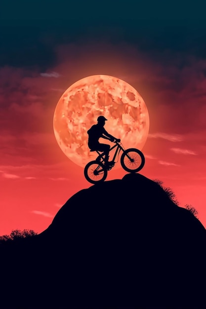 달을 배경으로 언덕 꼭대기에 있는 자전거 타는 사람의 실루엣
