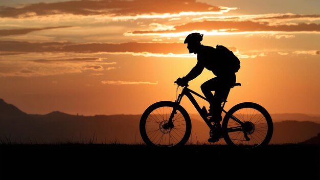 Силуэт велосипедиста с горным велосипедом в прекрасное время захода солнца