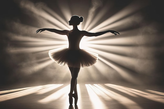 写真 暗い背景のステージでバレエを踊るシルエット ダンサー