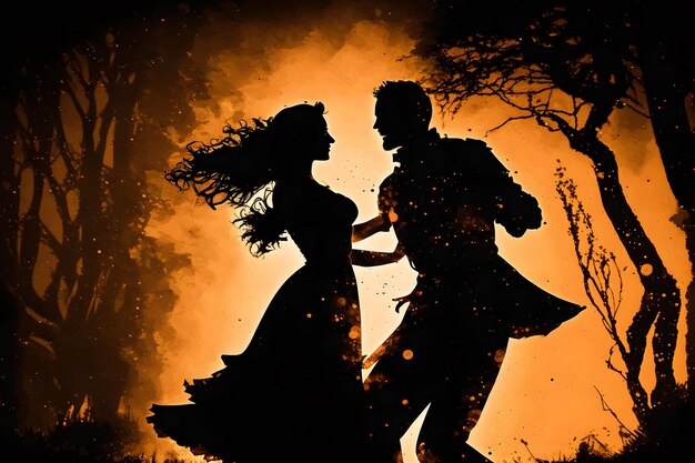 Silhouette of dancing couple in halloween style Neural network AI generated