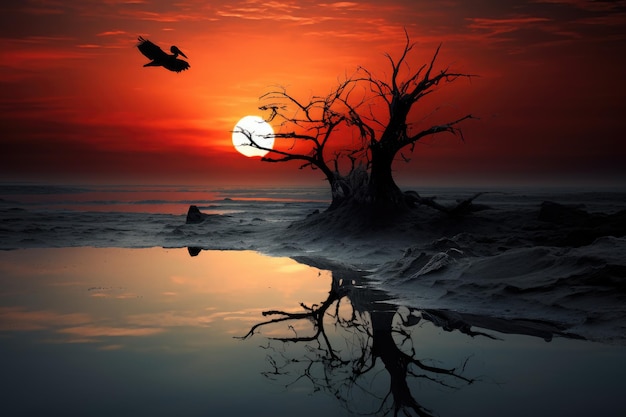 Silhouette of dead tree on the beach at sunset with birds Sunset Bird Surreal Inspirational Nature Abstract AI Generated