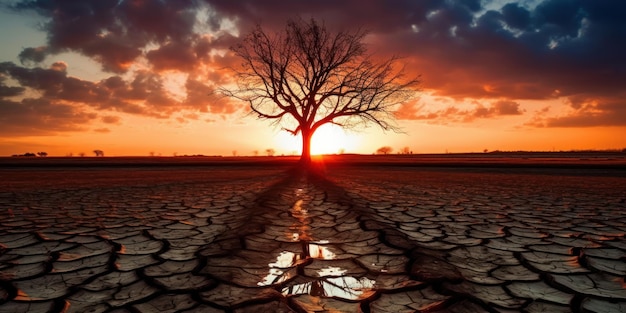 ひび割れた土壌の枯れ木のシルエット夕日の背景地球温暖化の概念生成 Ai