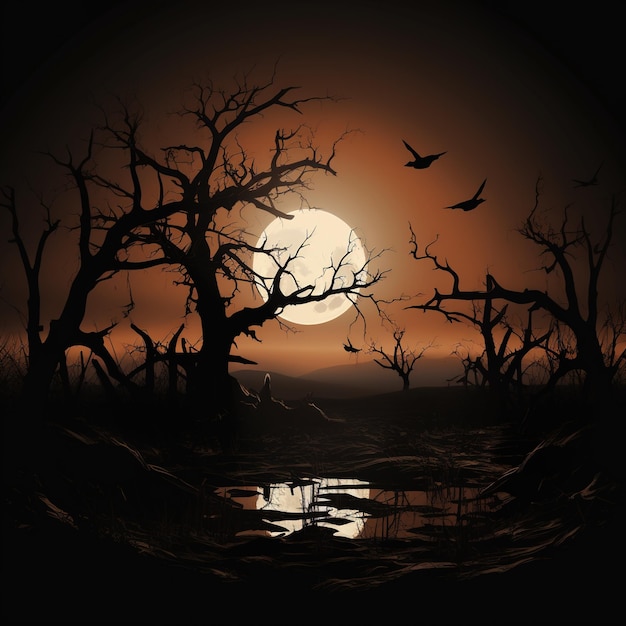 Силуэт мертвого дерева ночью на фоне Хэллоуина