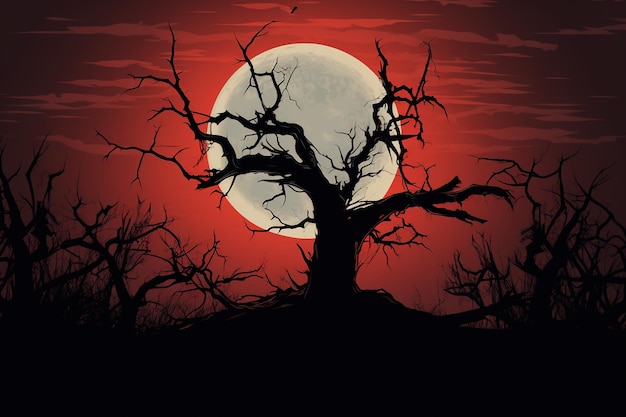 Silhouette dead tree at night for Halloween background