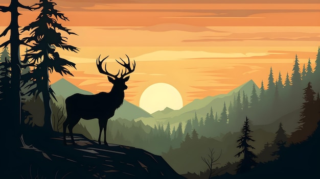 Photo silhouette of deer on hill in forest background sun and mountains in back silhouette of animal tre