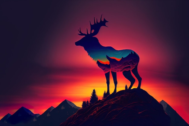 Silhouette of a deer on mountain at sunset Generative Ai