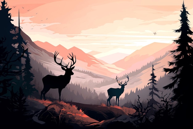 Silhouette of a deer in the mountains Generative AI