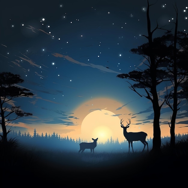 silhouette of a deer and a stag in the forest at night