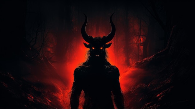 Photo silhouette of a demon with red eyes from hell