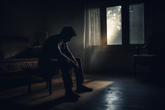 Silhouette depressed man sadly sitting on sofa in the living room Sad asian man suffering depression