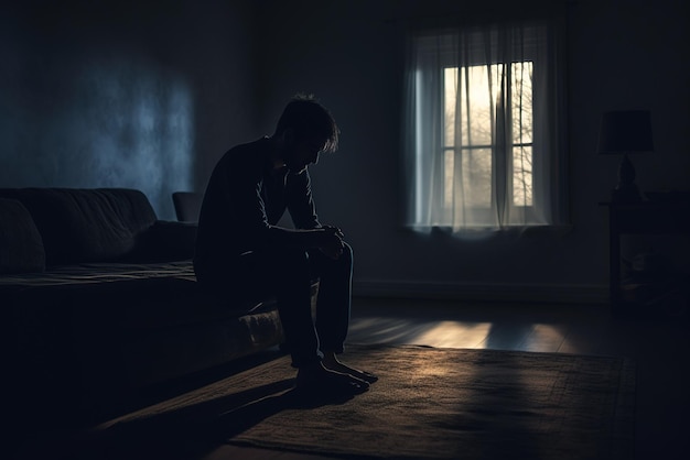 Silhouette depressed man sadly sitting on sofa in the living room Sad asian man suffering depression