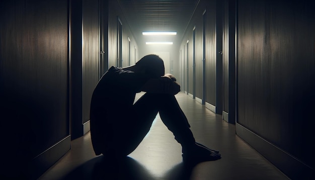 Silhouette of depressed man sitting on walkway of residence building