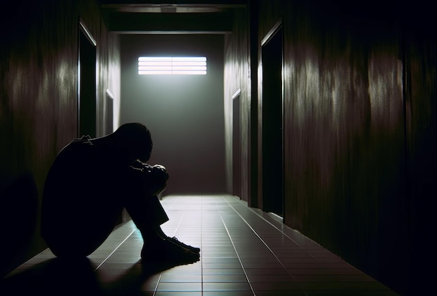 Photo silhouette of depressed man sitting on walkway of residence building