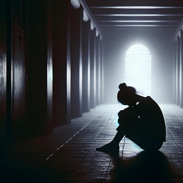 Силуэт депрессивной женщины, сидящей на тротуаре жилого здания