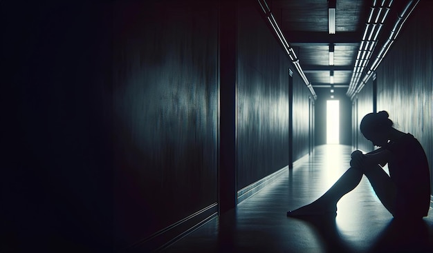 Photo silhouette of depressed woman sitting on walkway of residence building