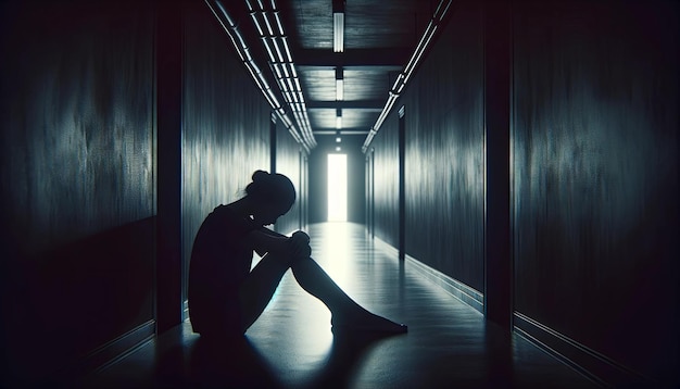 Silhouette of depressed woman sitting on walkway of residence building