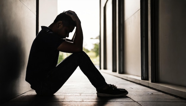 Silhouette of despondent man head in hands seated on residence walkway