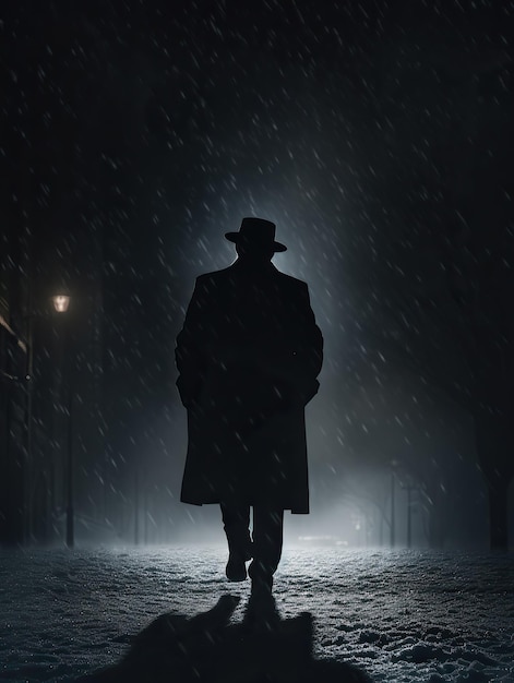 Foto silhouette di un detective in strada toni cinematografici oscuri moody