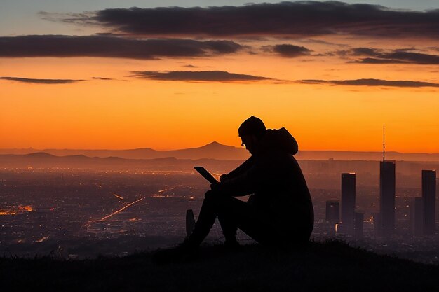 Silhouette of digital nomad sitting on top of a hill working with his laptop over the city at dusk