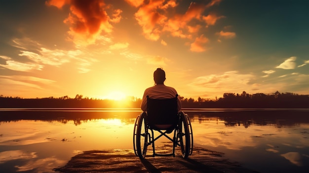 Silhouette of disabled man on wheelchair at the beach during sunset Disable day