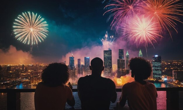 Photo silhouette of diverse young lgbt people watching colorful rainbow fireworks during pride month