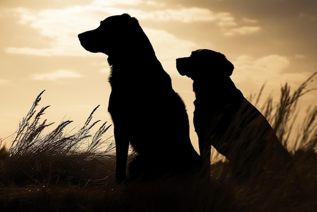 Silhouette of a dog and a dog in the field at sunset Generative AI