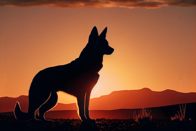 A silhouette of a dog in front of a sunset.