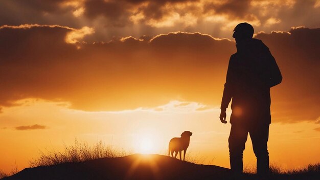 Silhouette of a dog and a young man in nature on an orange backgroundGenerative AI
