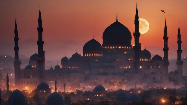 Silhouette dome mosques crescent moon on dusk sky symbol of islamic religion with ramadan month