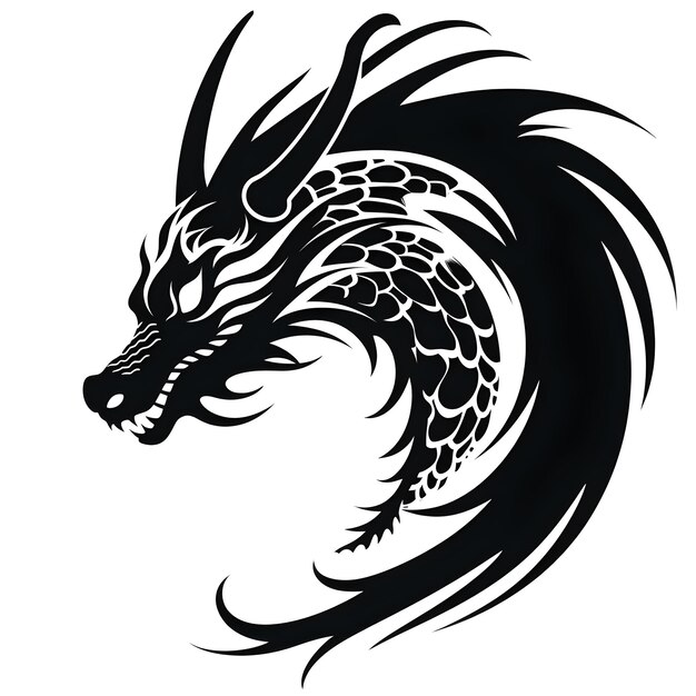A silhouette dragon head with a large black tail