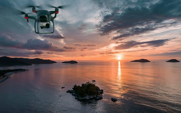 Silhouette of drone flying over sea at sunset