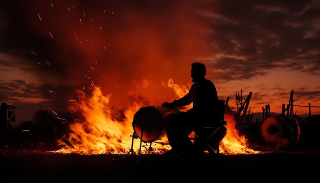 the silhouette of a drummer against the bonfire during Lohri