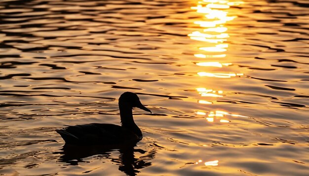 夕日の風景デザインで水の中のアヒルのシルエット