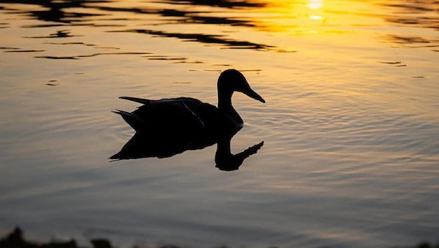 The silhouette of duck in a water at the sunset view landscape design