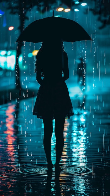 夜の雨の下に立っている傘を被った優雅な女性のシルエット