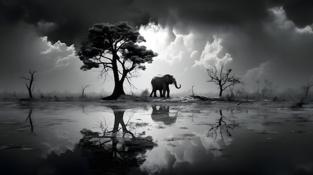 검은색과 색의 배경에 있는 호수 에 있는 코끼리와 나무의 실루