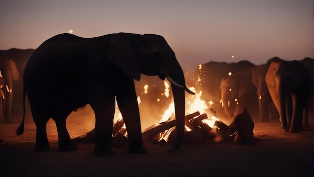 Silhouette of elephants near a bonfire