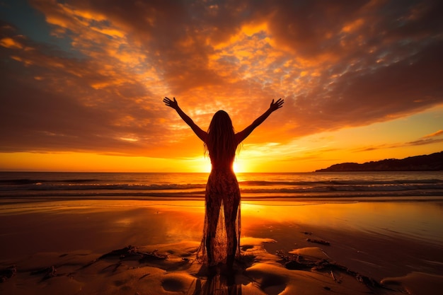 Silhouette Embracing Sunrise at the Beach