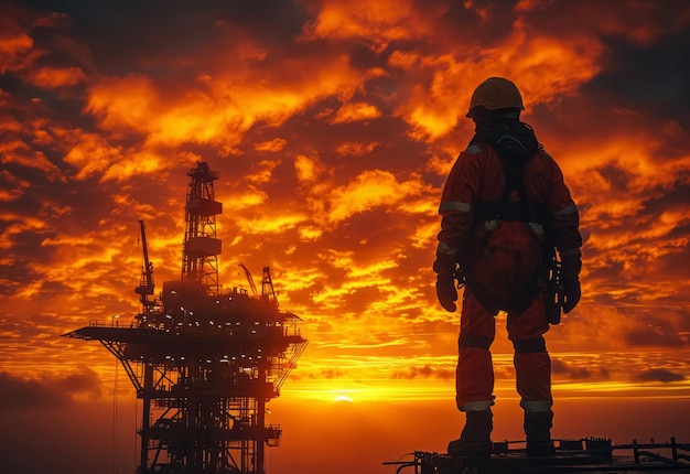 Silhouette of engineer looking at oil rig at sunset