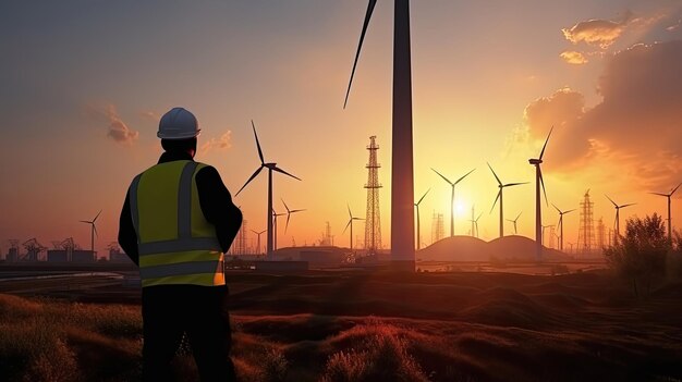 Photo silhouette of engineer man checking project at wind farm site on sunset in evening time