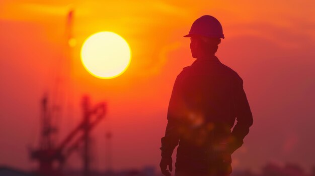 Silhouette of engineer standing on construction site with sunset sky background Industrial safety and labor day concept