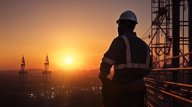 Silhouette engineer standing orders for construction crews to work on high ground heavy industry and safety concept over blurred natural background sunset