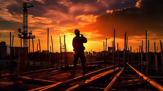 Silhouette of Engineer standing orders for construction crews to work on high ground heavy industry and safety concept Generative Ai