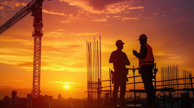 Silhouette engineer standing orders for construction crews to work on high ground heavy industry